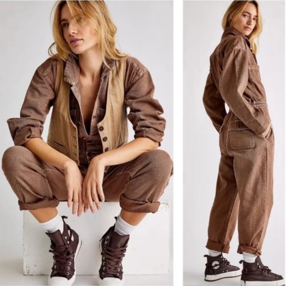 Free People Pants - Free People Madrid Long Sleeve Button Front Denim Coveralls Jumpsuit